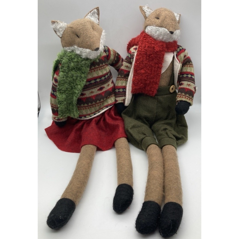 Cracker Barrel Plush Fox Shelf Sitter Pair Christmas Woodland Rustic Dangle Legs
